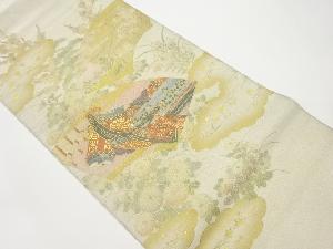 金彩地紙に貴女・屋敷・花々模様袋帯